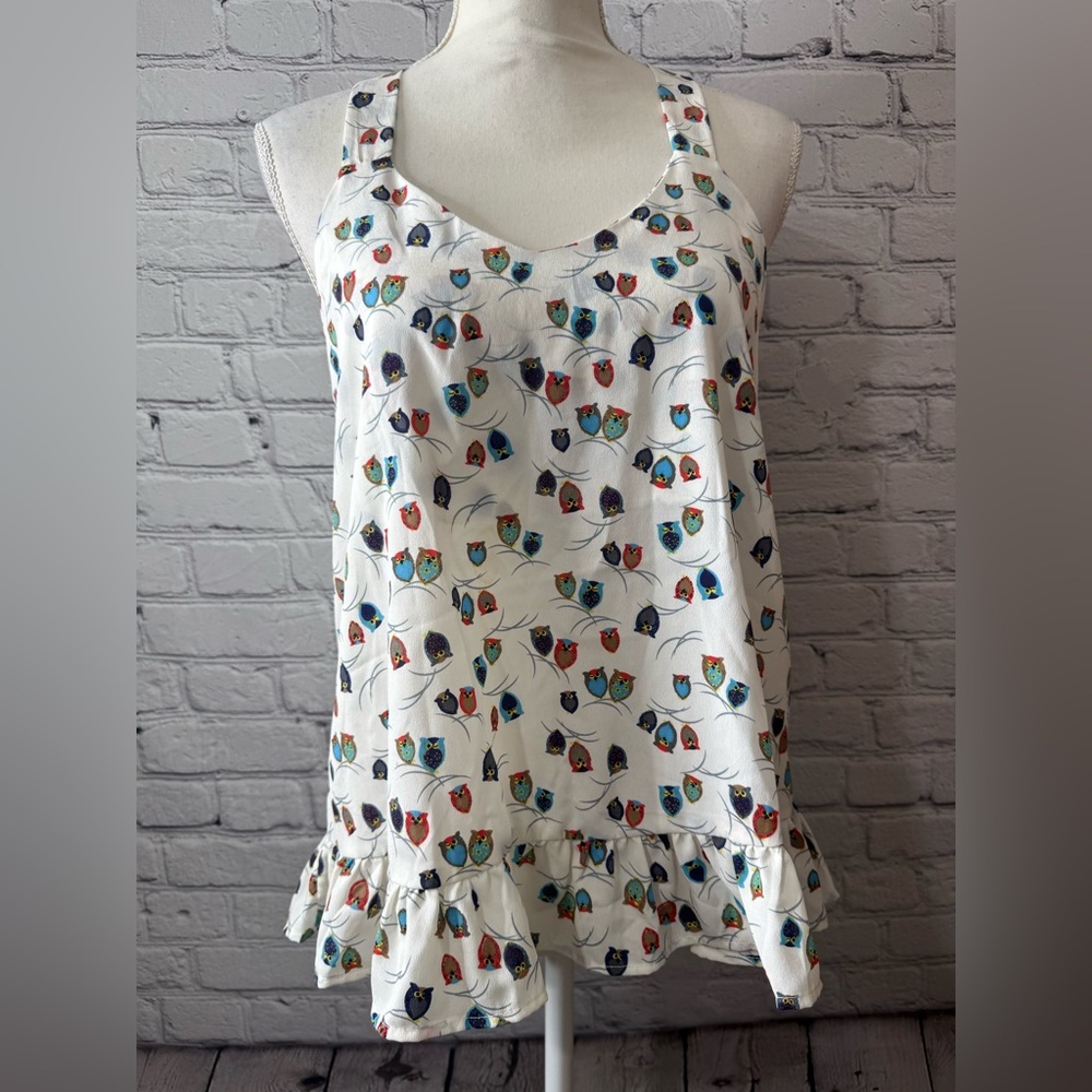 Audrey Women's Colorful owl print top size medium